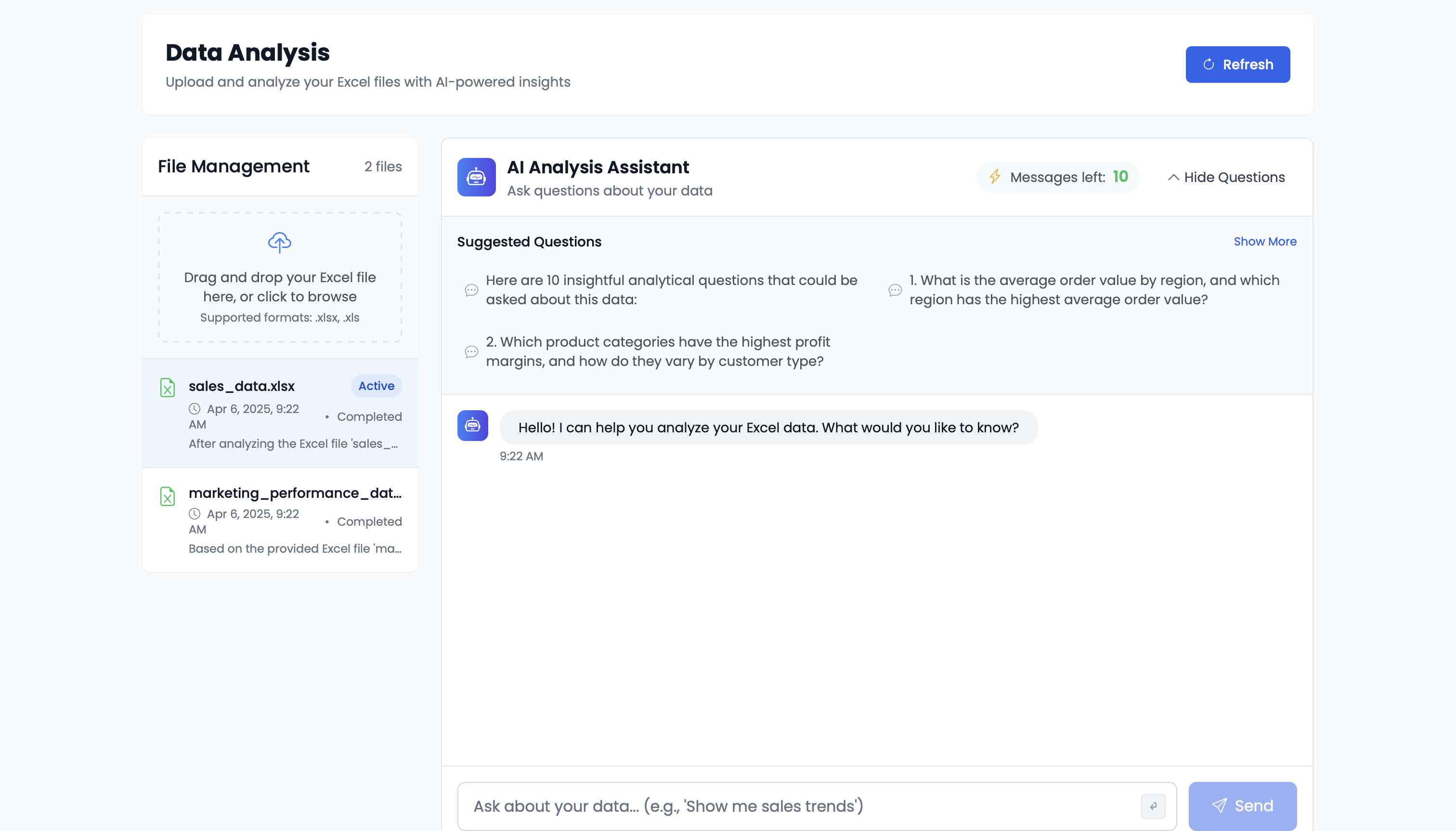 AI chatbot for small business data analytics - chat-based Excel analysis tool helping SMEs analyze sales data with natural language